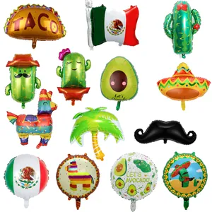 Detailed view of Mexican Fiesta foil balloons featuring cactus and avocado designs