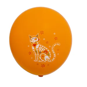 12 inch orange latex balloon with Day of the Dead skeleton cat for party decoration