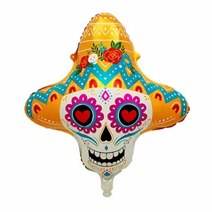 Ballon en aluminium détaillé de tête de mort avec sombrero pour le Jour des Morts