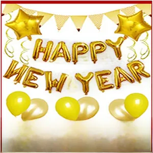 Festive golden Happy New Year foil balloon set with stars and bunting for party decoration