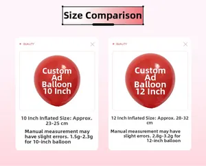 Size comparison detail showing 10-inch and 12-inch inflated dimensions for party balloons