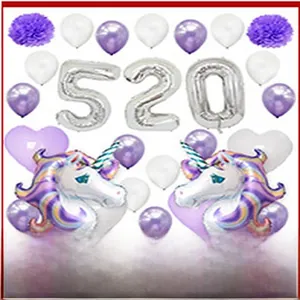 Detailed view of purple unicorn and silver 520 foil balloon set for party decoration