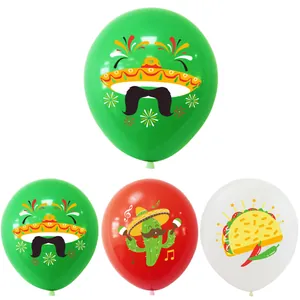 Detailed view of Mexican fiesta party balloons with cactus, taco, and sombrero prints
