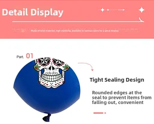Macro view of blue latex balloon with sugar skull print and reinforced seal design.