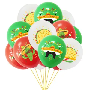 Colorful Mexican carnival party balloons with taco, cactus, and sombrero prints
