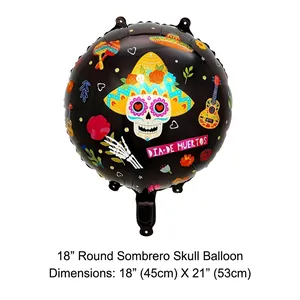 Ballon en aluminium rond 18 pouces Jour des Morts avec motif tête de mort et sombrero