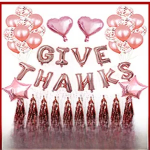 Detailed view of the rose gold Give Thanks foil balloon set for party decoration