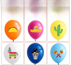 Detailed views of 12-inch latex balloons with Mexican Day of the Dead themed prints.