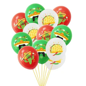 Close-up view of 12-inch Mexican Fiesta printed latex balloons featuring cactus and taco