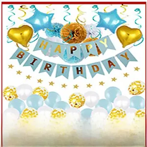 Blue and gold birthday decoration set featuring foil balloons and a Happy Birthday banner