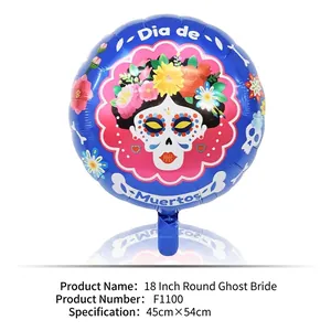 Detailed view of 18-inch round Día de Muertos foil balloon with skull design
