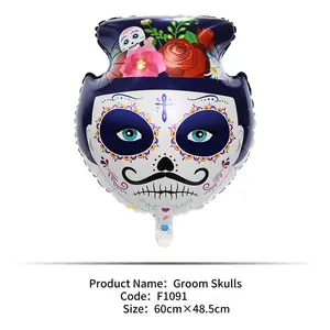 Detail of Day of the Dead foil balloon with a vibrant floral skull and mustache design