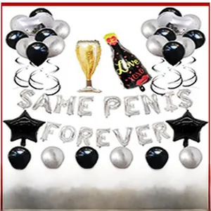 Bachelorette party balloon set with SAME PENIS FOREVER slogan and champagne foil balloons.