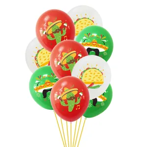 Bunch of Mexican fiesta theme latex balloons with cactus and taco prints