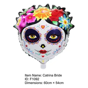Detailed view of Day of the Dead skull balloon featuring floral crown and size details