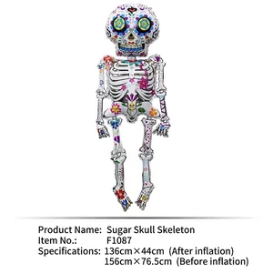 Full-body floral skeleton balloon for Day of the Dead party decoration, showing size specs