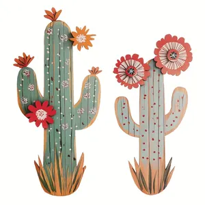 Deux décorations murales en bois de cactus colorés de style désert mexicain