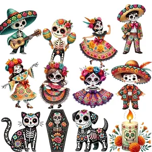 Illustration set of various Day of the Dead characters and symbols in colorful ethnic style.
