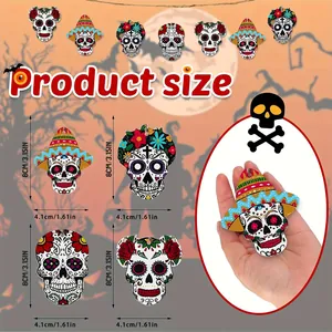 Wooden sugar skull Halloween ornaments with Mexican hat size guide and hand scale