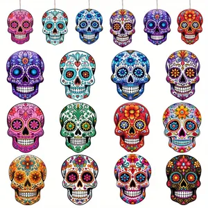 Detailed view of colorful wooden skull pendants for Day of the Dead party decorations.