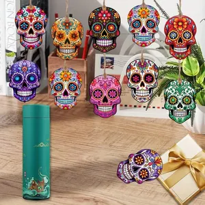 Colorful Day of the Dead wooden skull hanging ornaments for Mexican party home decor