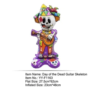 Detailed size specifications for Day of the Dead skeleton balloon holding a guitar