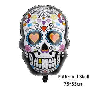 Detail view of colorful Sugar Skull balloon with intricate floral patterns for Day of the Dead