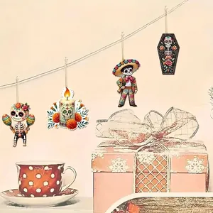 Detailed view of colorful Mexican Day of the Dead wooden skeleton hanging ornaments set