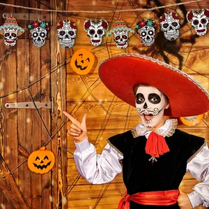 Detailed view of colorful wooden sugar skull and sombrero hanging ornaments for Halloween.