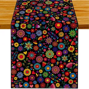Vibrant Mexican Fiesta floral table runner featuring Day of the Dead folk art prints