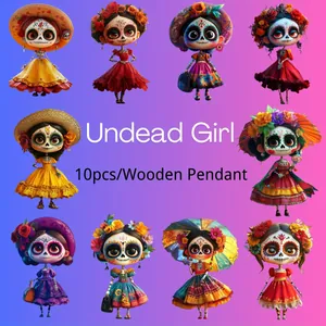 10pcs Day of the Dead wooden pendants with colorful cartoon skeleton girl designs