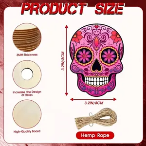 Detailed size guide for Day of the Dead wooden skull decoration with 3.2 inch measurements