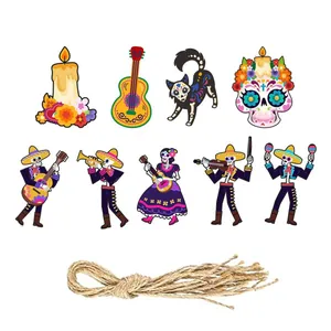 Mexican Day of the Dead wooden hanging decorations set with skeletons sugar skull and twine