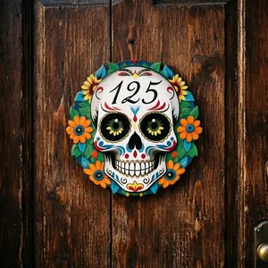 Close-up detail of Mexican sugar skull wooden door sign on a rustic wooden background