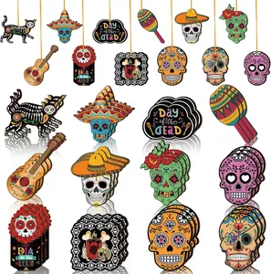 Detailed macro view of colorful Mexican Day of the Dead sugar skull wooden hanging decorations