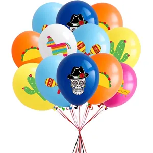 Mexican Day Of The Dead Halloween Balloons Latex Cartoon Taco Cactus Skull Sombrero Pattern For Bar Party Decor Supplies