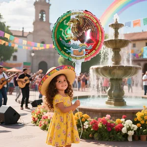 Detailed view of an 18-inch Mexican theme foil balloon in a festive outdoor square.