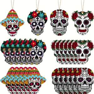 Set of assorted colorful wooden sugar skull ornaments with hanging ropes for Halloween