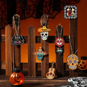 Detailed view of Mexican Day of the Dead wooden sugar skull hanging party ornaments