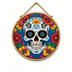 Detailed view of Mexican Sugar Skull wooden hanging sign with colorful floral design