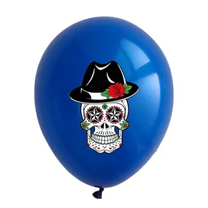 Decorative blue 12-inch latex balloon featuring a sugar skull and rose print for Halloween