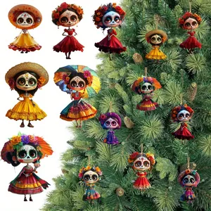 Mexican Day of the Dead wooden ornaments featuring colorful skull girl designs for festive decor