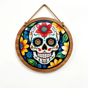 Detail view of colorful Mexican Sugar Skull round wooden hanging door sign decor