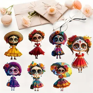 Set of vibrant Day of the Dead wooden hanging ornaments with colorful skeleton girl designs
