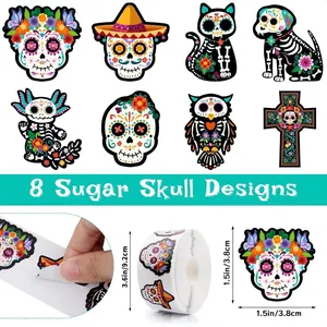 500er-Pack Halloween Tag der Toten Aufkleber mit 8 bunten Zuckerschädel-Designs