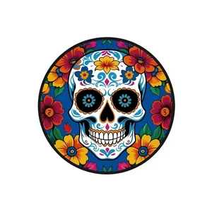 Detailed view of vibrant Mexican sugar skull wooden door sign for Day of the Dead decor