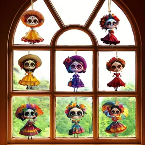 Colorful Day of the Dead sugar skull ornaments hanging on a classic wooden window