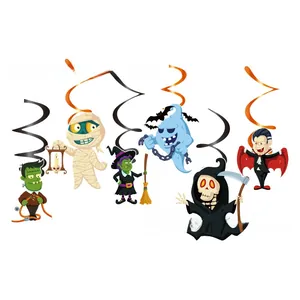 Close-up view of Halloween hanging swirls with various cartoon monster cards for party