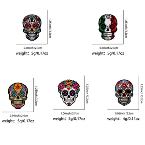 Detailed dimension and weight measurements for various Mexican sugar skull brooch pins.