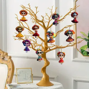 Detailed view of Mexican Day of the Dead wooden ornaments hanging on a decorative tree